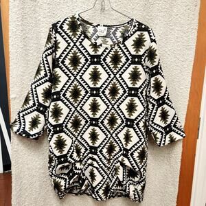 Nu New York Geometric Oversized Black Green Ruffle Half Sleeve Tunic Women's M